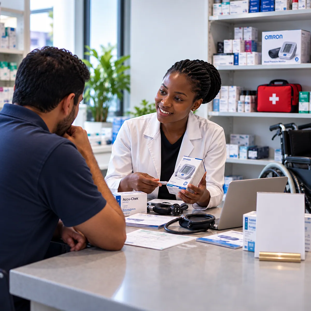 Pharmacist advising a customer at the counter