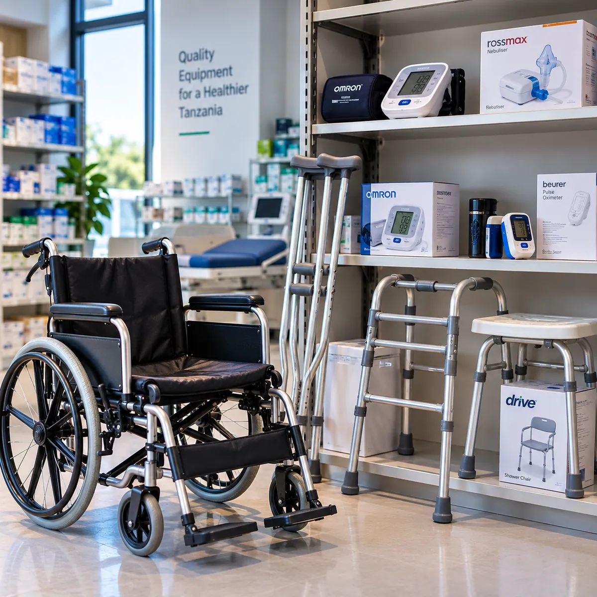 Blood pressure monitor, crutches and mobility aids in a pharmacy