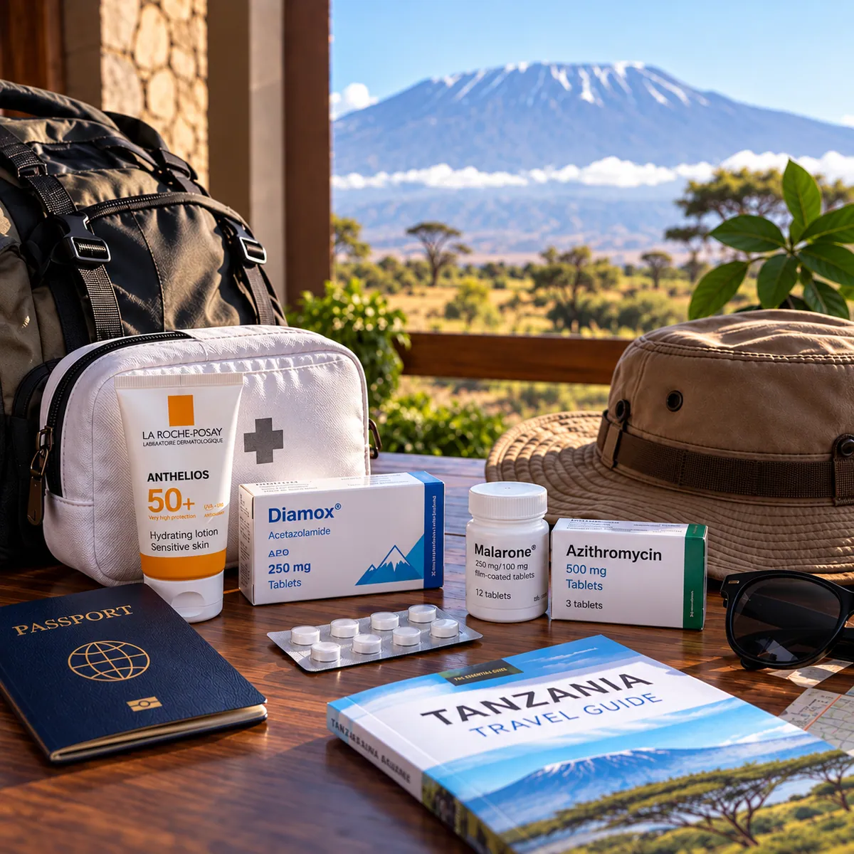 Travel medicine and hiking gear prepared for a Kilimanjaro trek