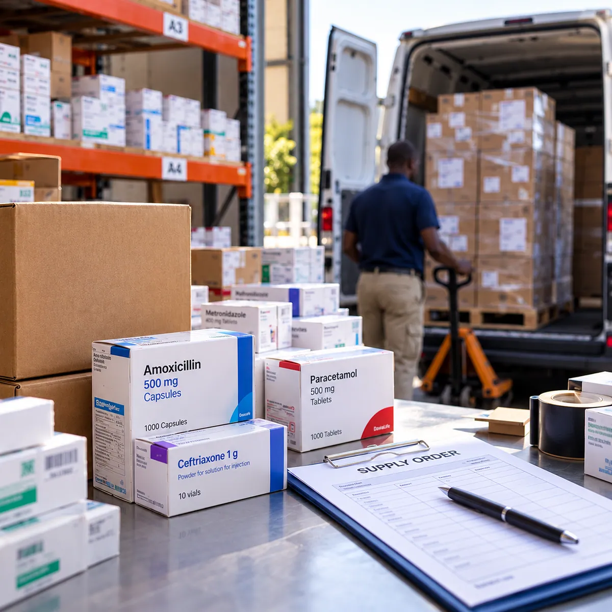 Organised pharmaceutical wholesale stock being checked